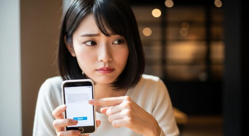 スマートフォンを手にし、送るか迷いながらも落ち着いて考えている女性。小さな勇気を振り絞ろうとしている雰囲気。