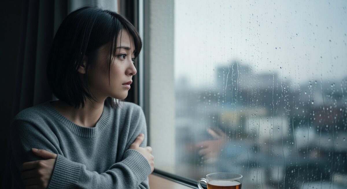 窓辺で物思いに沈む20代後半の日本人女性。落ち着いた色合いで「気持ちがない」と言われた後の切なさを表現