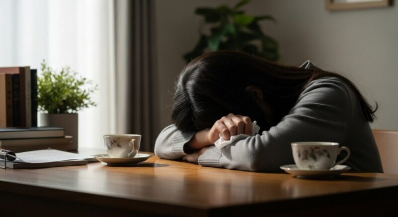 机に突っ伏すように座り、心が折れた様子の日本人女性