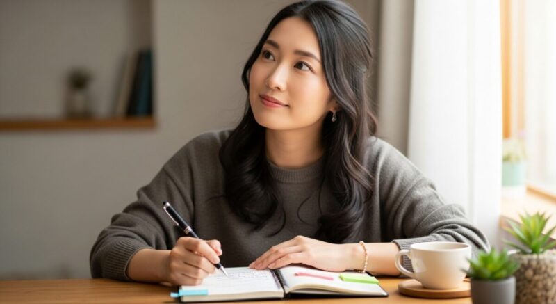 ノートに小さくメモを書きながら未来を考える日本人女性。落ち着いた雰囲気