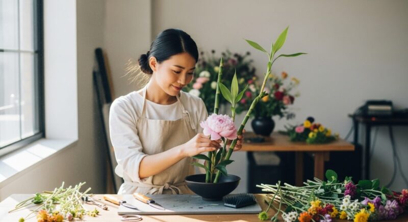 新しい趣味に挑戦する日本人女性。花を生ける姿で自分磨きを表現