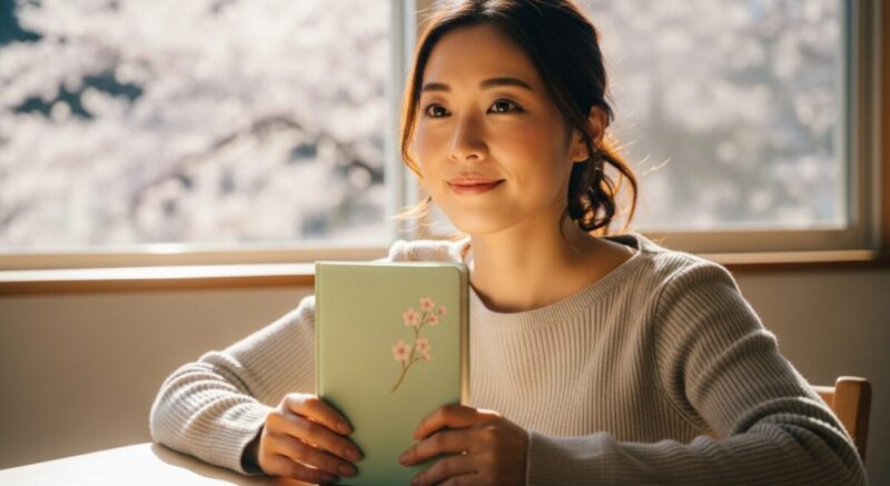 朝の光の中、ノートを閉じて前を向く日本人女性。再生の象徴として希望を表す