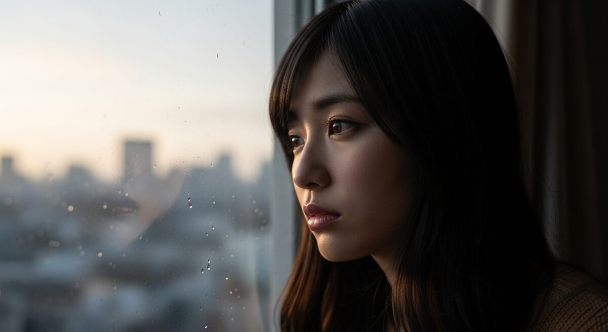 窓辺で切なさを抱えながらも未来を見つめる日本人女性