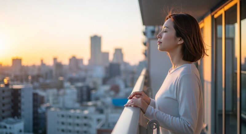 一人で深呼吸しながら冷却期間を意識して心を落ち着ける女性