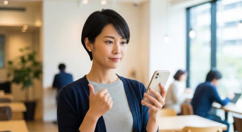 スマホを手に取り、送るべき言葉を慎重に考えている女性