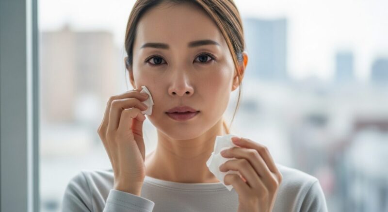 前を向きながらも静かに涙を拭い、新しい一歩を決意する女性
