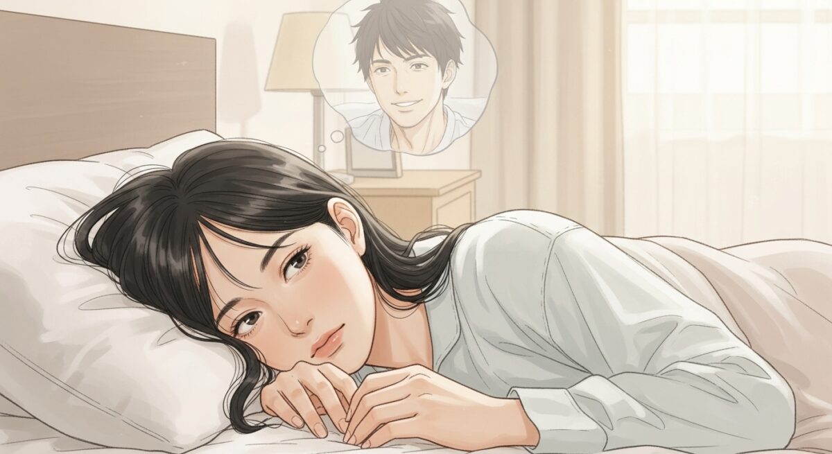 ベッドに横たわる女性が、夢の中で微笑む元彼の姿を思い浮かべている