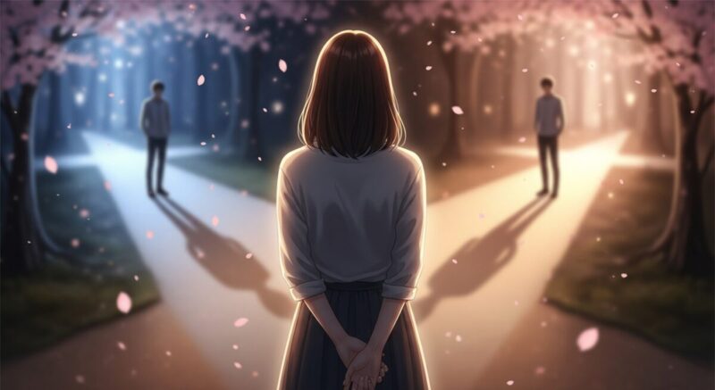 夢の中で道の分かれ道に立ち、元彼と向き合う女性の後ろ姿
