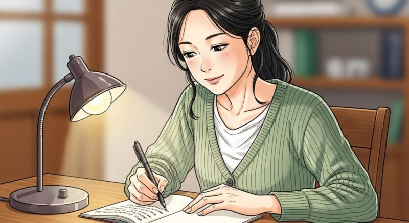 ノートを手に持ち、自分の気持ちを書き出している女性