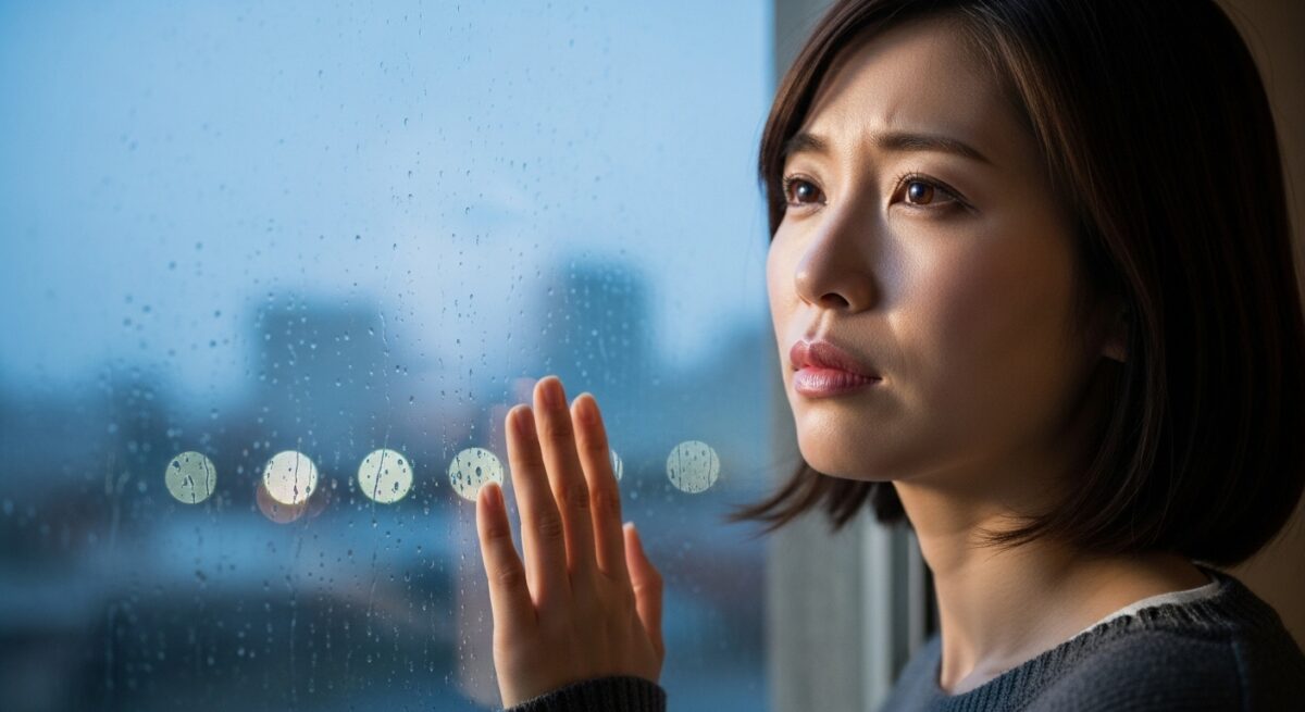 切なさと怒りの感情を抱えながらも、前を向こうとする20代後半の日本人女性が窓辺で考え込む姿。
