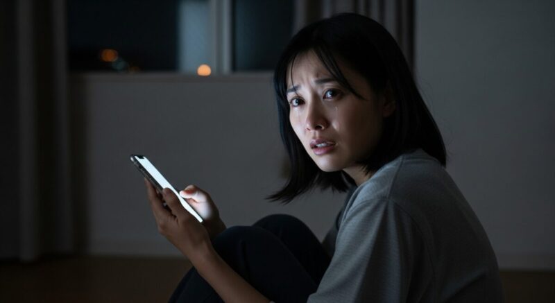 夜の部屋でSNSを見返して苦しむ女性。