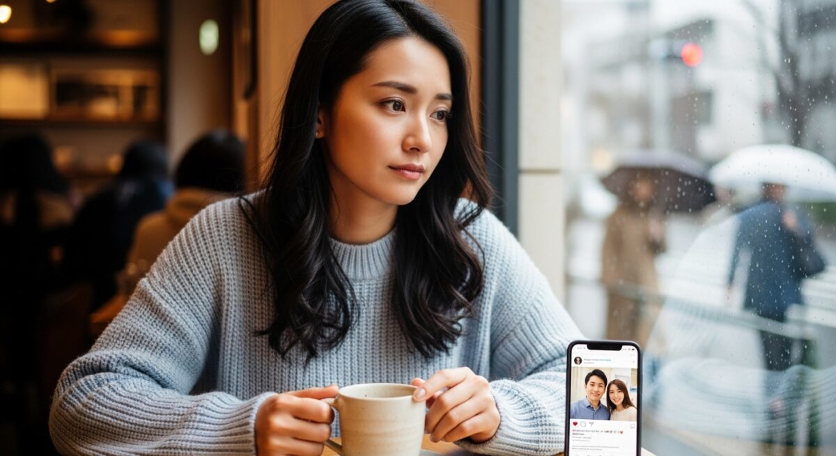 窓辺で物思いにふける20代後半の日本人女性。元カレに新しい彼女ができたことを知り、切なさと前向きな気持ちが交錯している様子。
