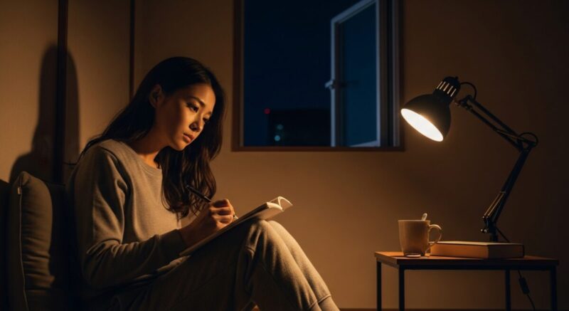 夜の部屋でノートに気持ちを書き出している女性。孤独な雰囲気。
