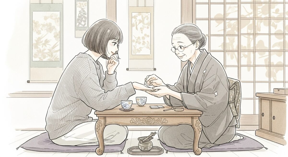 落ち着いた雰囲気の日本人女性が、信頼できそうな占い師に相談している場面のイラスト