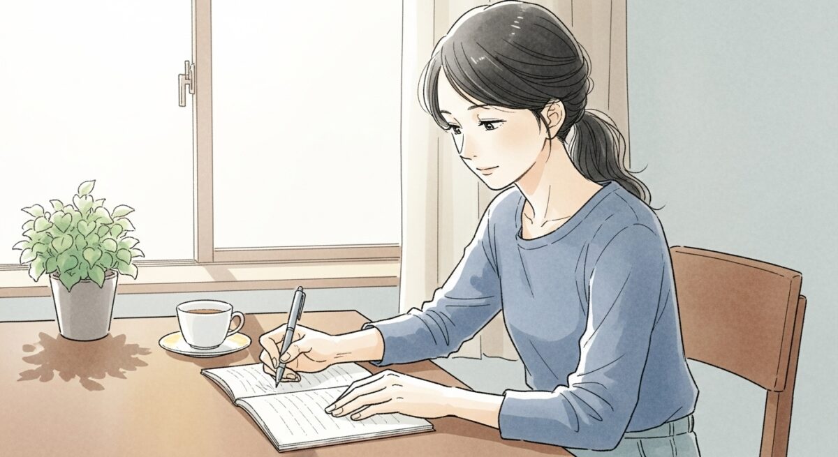 ノートに別れの理由や質問を書き出して準備している日本人女性のイラスト