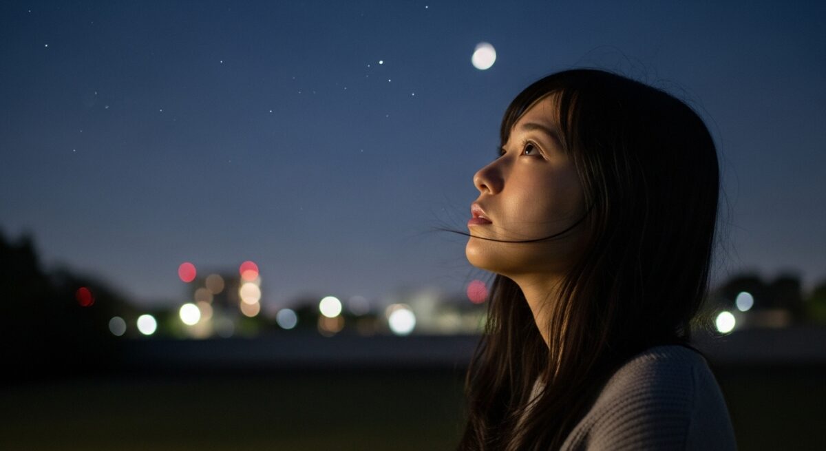 夜空を見上げ、復縁や相手の気持ちについて静かに思いを馳せる日本人女性