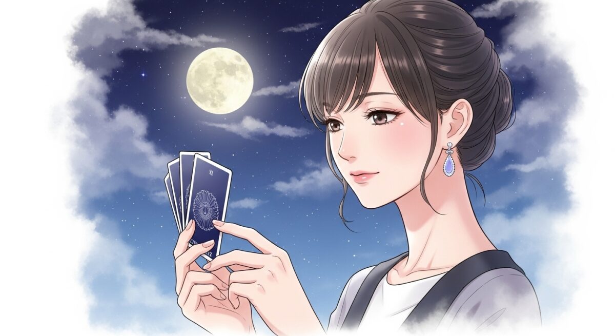星空を背景に、タロットカードを胸に抱きしめる20代後半の日本人女性
