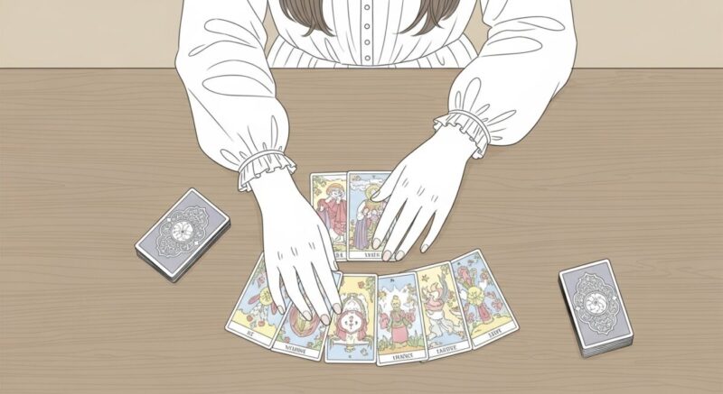 テーブルを俯瞰視点で見下ろし、カードをスプレッド状に並べる女性