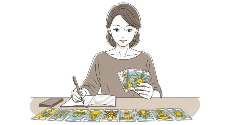 ノートを開き、大アルカナと小アルカナを見比べながら書き込む女性