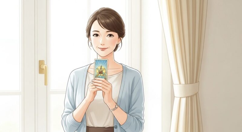 明るい窓辺で立ち姿の女性がカードを胸に抱え、微笑むシーン