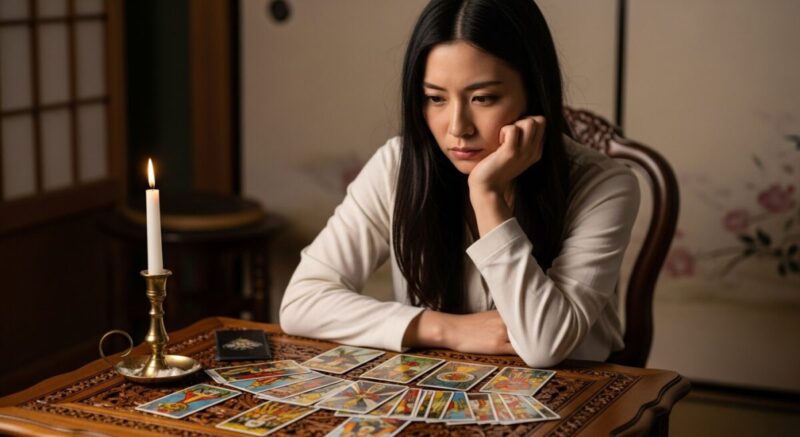 タロットカードを前にして、真剣に考える日本人女性
