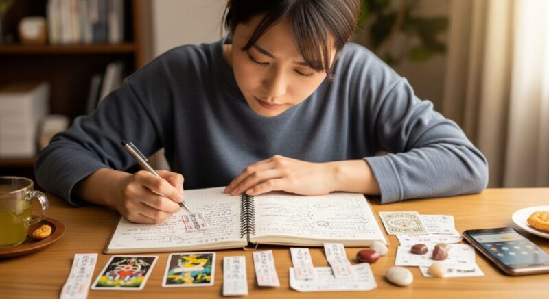 机にノートを広げ、占い結果を整理しながら自分の気持ちを考える日本人女性