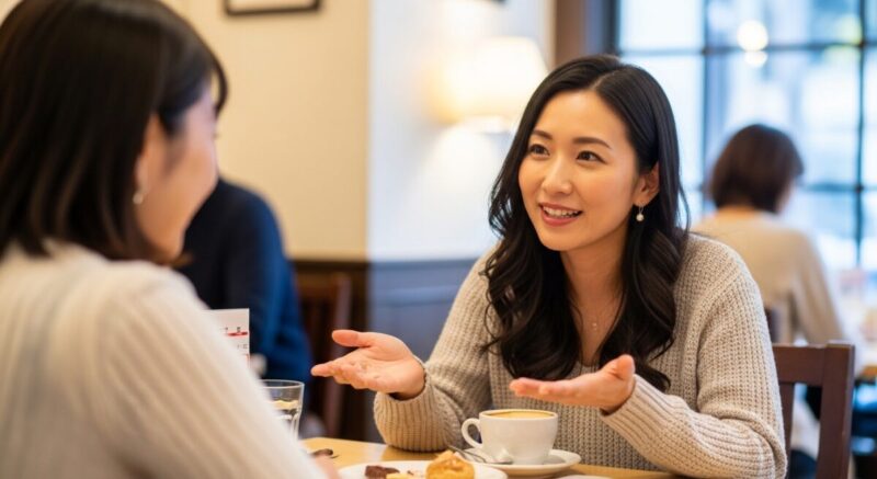 友人に占い体験を語りながら穏やかに笑う日本人女性