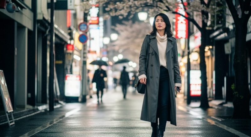 夜の街を一人で歩きながら、自分の未来について考える日本人女性
