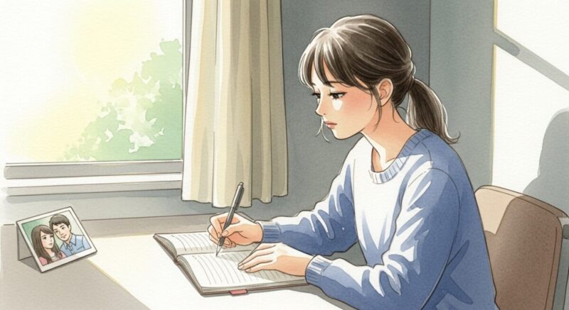 浮気で傷つき、静かにノートに心情を綴る日本人女性