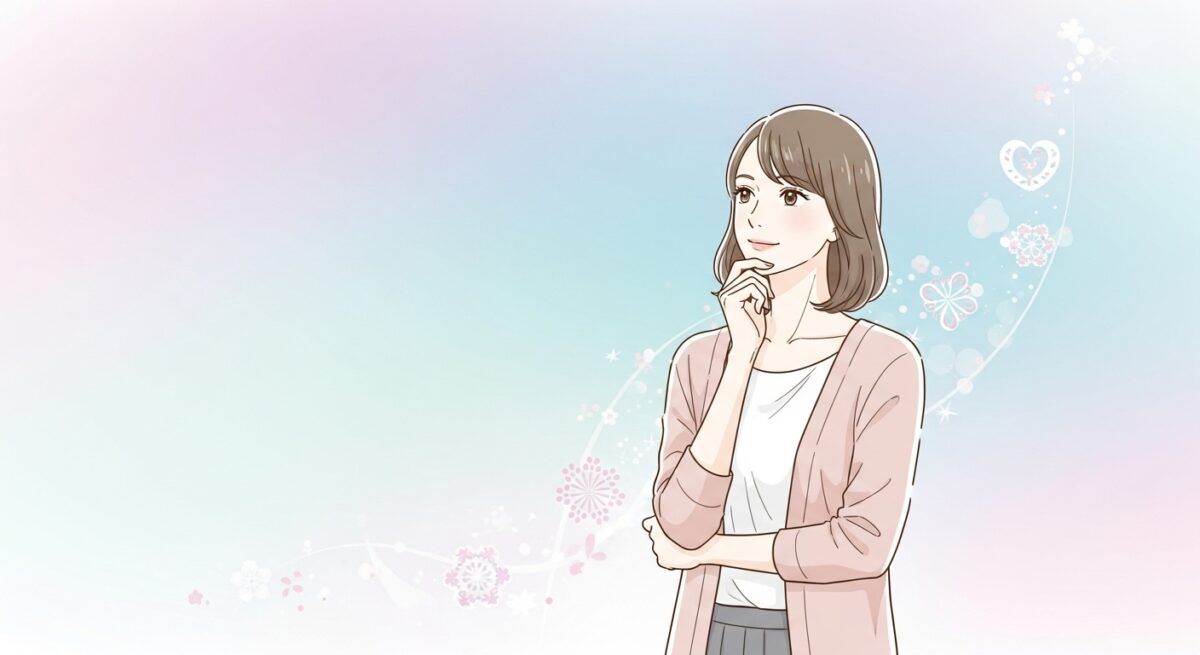 復縁と心理学をテーマに、落ち着いた色合いの背景に佇む日本人女性
