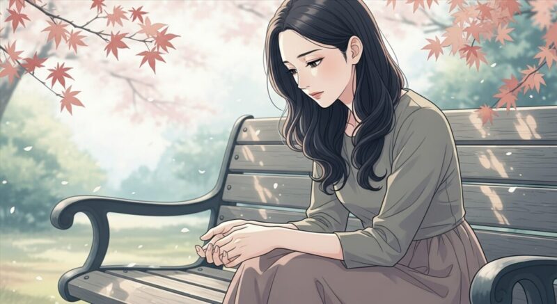 悩みを抱え、ベンチでうつむく日本人女性