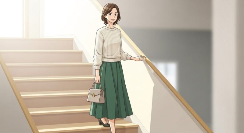 階段を一歩ずつ上がる日本人女性