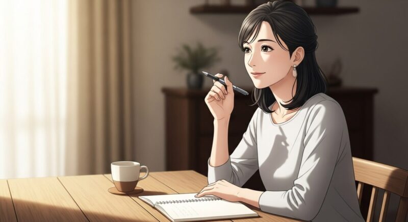 ノートに書き込みながら前向きに考える日本人女性