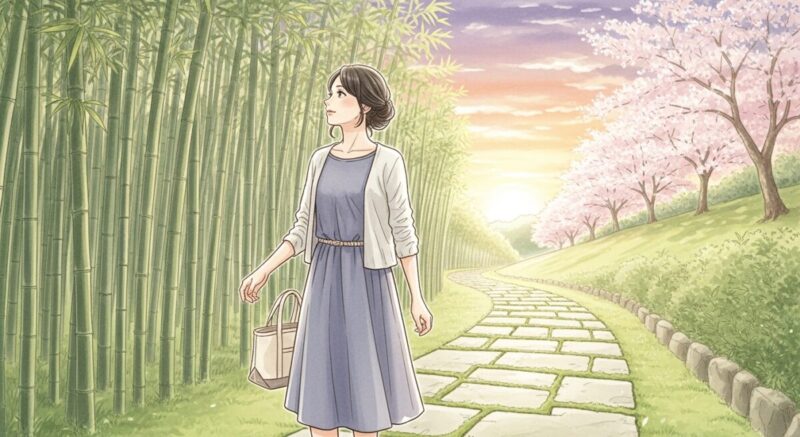 夕暮れの道を前向きに歩く日本人女性